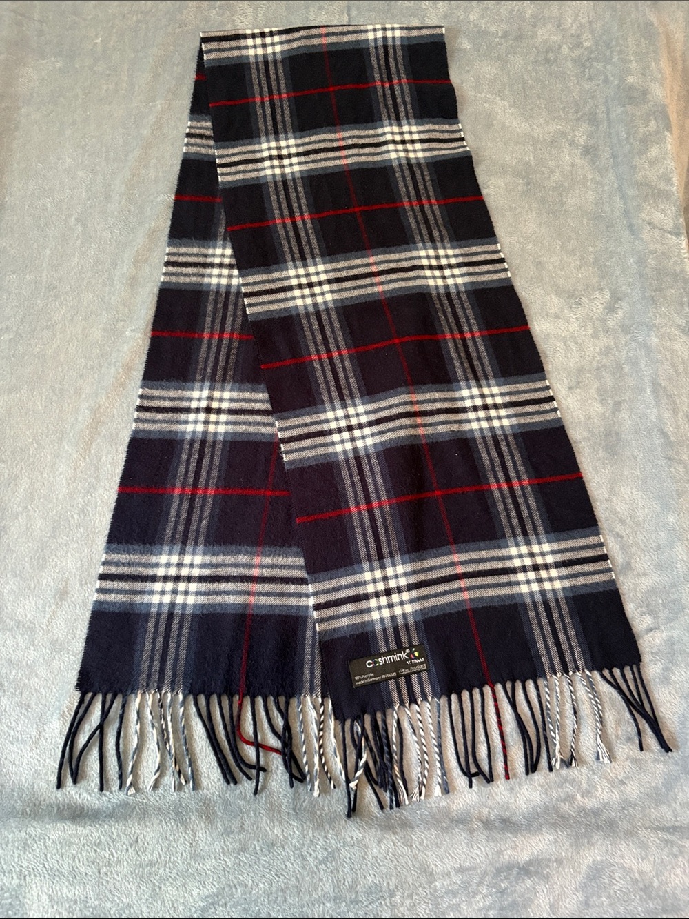 V. FRAAS Navy Plaid Scarf with Red and White Windowpane